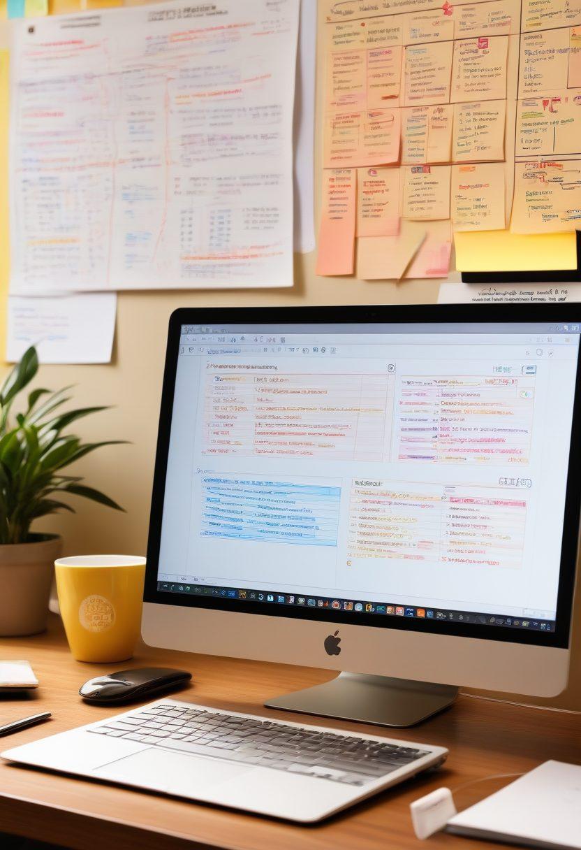 A sleek workspace showcasing a laptop displaying Enterprise JavaBeans code on the screen, surrounded by coffee cups and sticky notes with annotations. The background features a whiteboard filled with diagrams of modern web application architecture. A soft glow from an overhead light casts a warm ambiance, enhancing the tech-driven vibe. Include a digital clock showing a time of 3:00 PM, symbolizing productivity. super-realistic. vibrant colors. modern design.